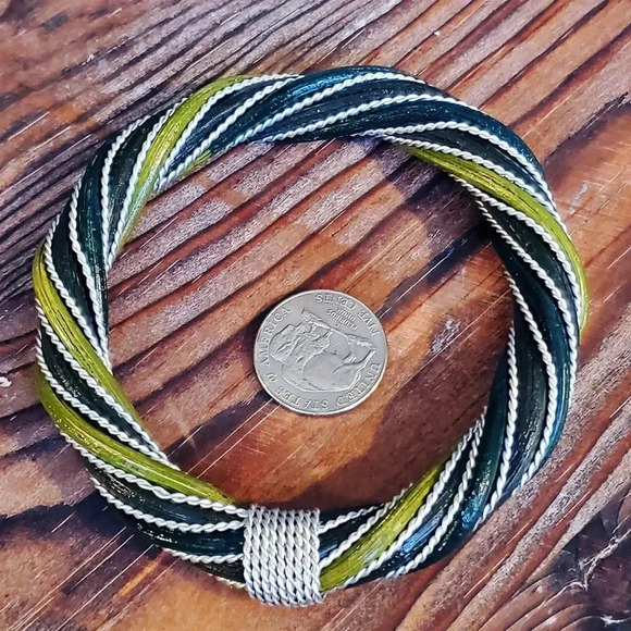 Handcrafted Twisted Rattan Wicker Olive Dark Green Silver Metal Bangle Bracelet - Picture 5 of 8